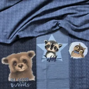 Sommersweat Panel Bär, Waschbär und Eule blau