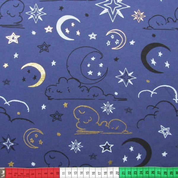 Jersey Wolken, Mond und Sterne dunkelblau Reststück 0.85m